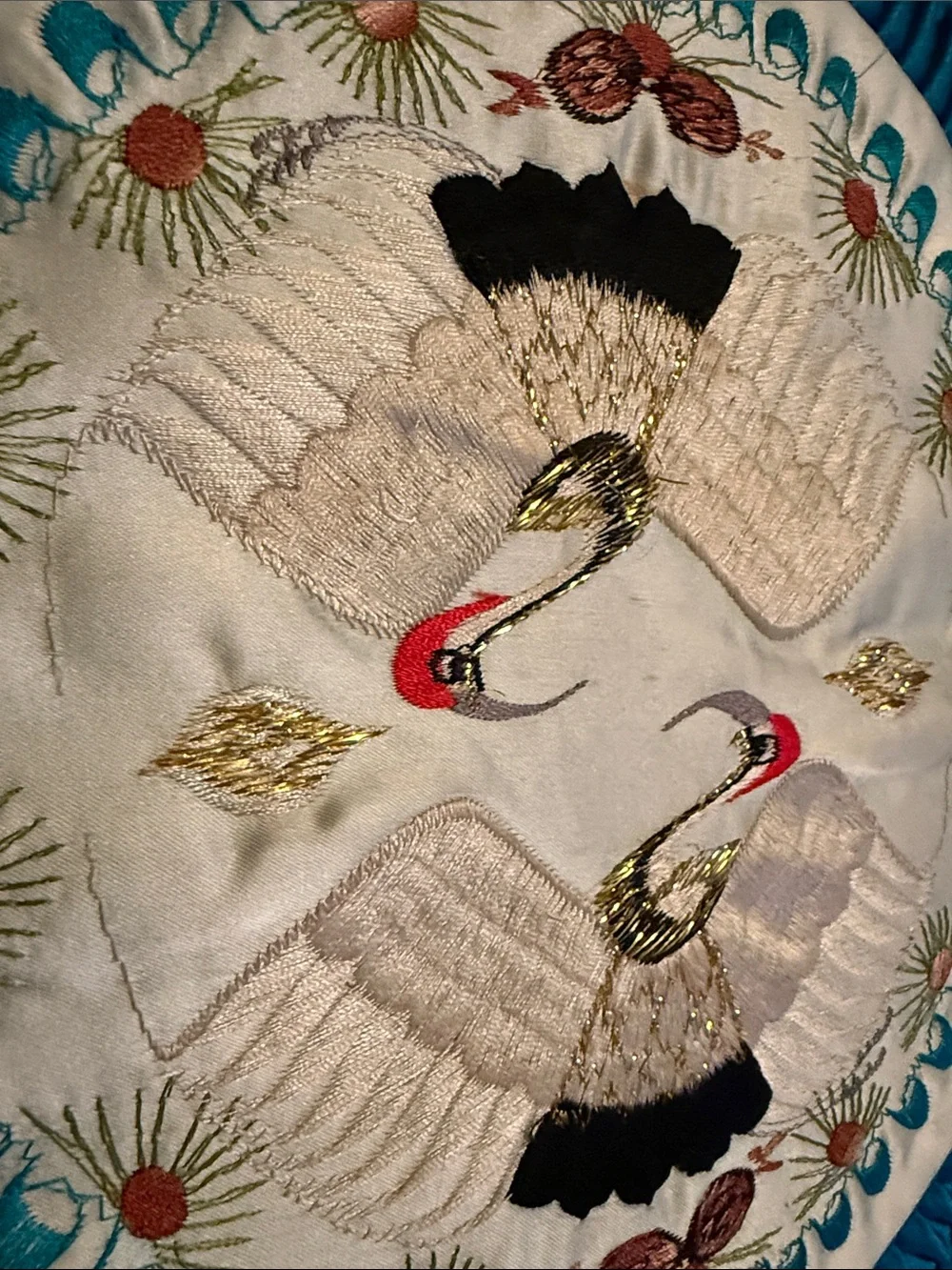 Vintage Ornate blue Silky decorative cushion w/ Swan- Grandma’s House Decor
